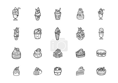 Téléchargez les illustrations : Mignon desserts croquettes à la main ensemble de boulangerie couleur noir et blanc - en licence libre de droit