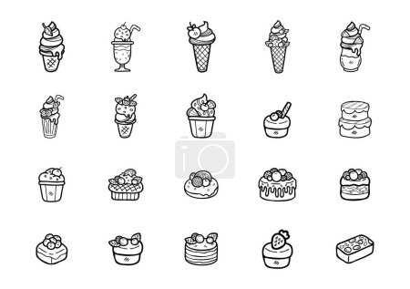 Ilustración de Lindo handraw doodle postres panadería conjunto negro y blanco color - Imagen libre de derechos