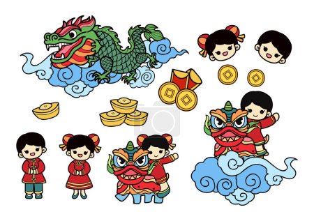 Téléchargez les illustrations : Nouvel an chinois éléments fixés - en licence libre de droit