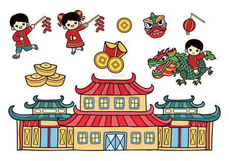 Téléchargez les illustrations : Nouvel an chinois éléments fixés - en licence libre de droit