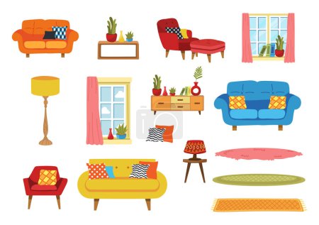 Ilustración de Muebles en salón colección estilo plano - Imagen libre de derechos