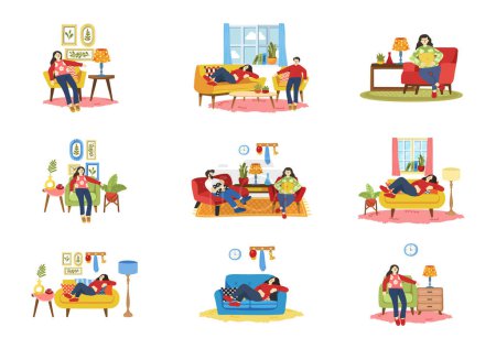 Illustration for Tired people laying down on couch collection flat style - Royalty Free Image