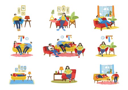 Illustration for Tired people laying down on couch collection flat style - Royalty Free Image