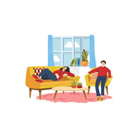 illustration of couple tried and relaxing in living room