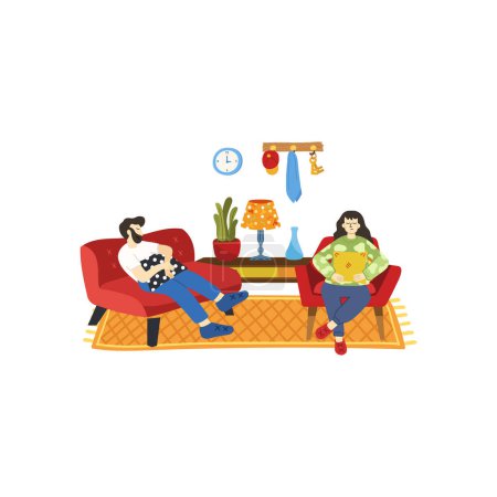 Illustration for Illustration of couple tried and relaxing in living room - Royalty Free Image