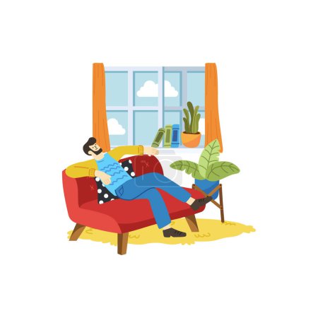 Téléchargez les illustrations : Illustration d'un homme essayé et relaxant dans le salon - en licence libre de droit