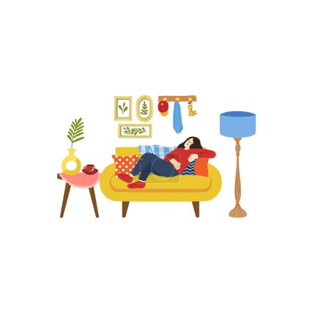 Illustration for Illustration of a woman tried and relaxing in living room - Royalty Free Image