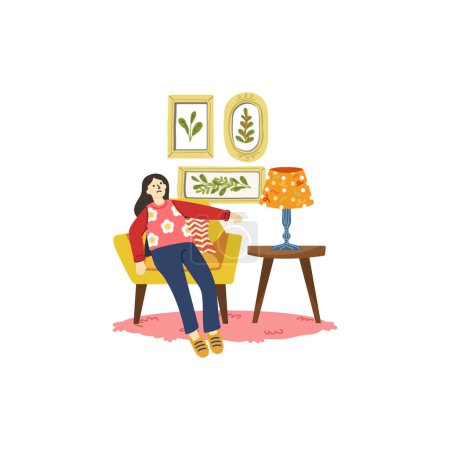Ilustración de Ilustración de una mujer probada y relajante en la sala de estar - Imagen libre de derechos