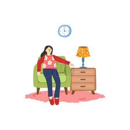 Téléchargez les illustrations : Illustration d'une femme essayée et relaxante dans le salon - en licence libre de droit