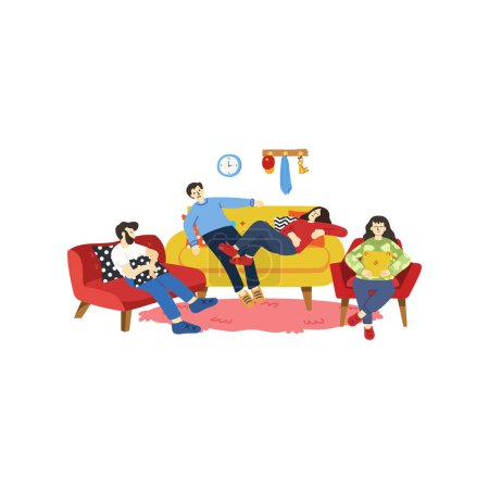 illustration of people tried and relaxing in living room