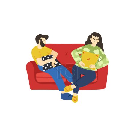 Téléchargez les illustrations : Illustration d'un couple essayé et relaxant sur le canapé - en licence libre de droit