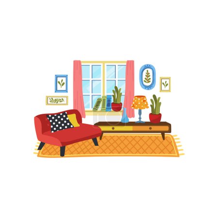 Téléchargez les illustrations : Un ensemble de meubles dans le salon illustration de style plat - en licence libre de droit