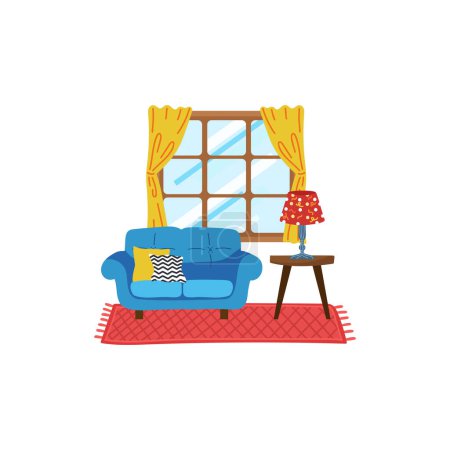 Téléchargez les illustrations : Un ensemble de meubles dans le salon illustration de style plat - en licence libre de droit