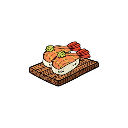 Téléchargez les illustrations : Isoler les crevettes sushi japonais nourriture plat style illustration - en licence libre de droit