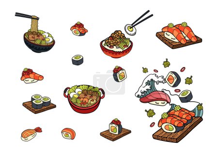 Téléchargez les illustrations : Japonais nourriture set plat style illustrations - en licence libre de droit