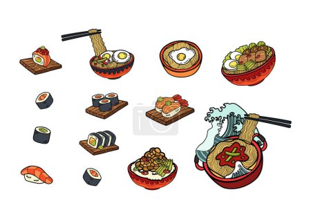 Téléchargez les illustrations : Japonais nourriture set plat style illustrations - en licence libre de droit