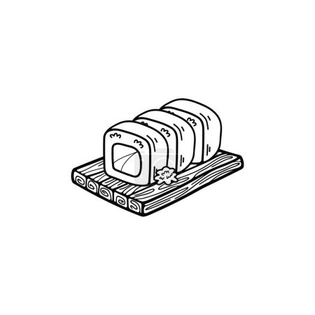 Téléchargez les illustrations : Noir et blanc isoler maki sushi japonais nourriture plat style illustration - en licence libre de droit