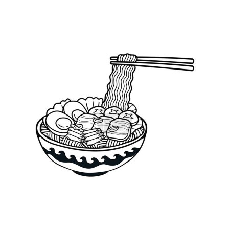 Téléchargez les illustrations : Noir et blanc isolat suki yaki japonais nourriture plat style illustration - en licence libre de droit