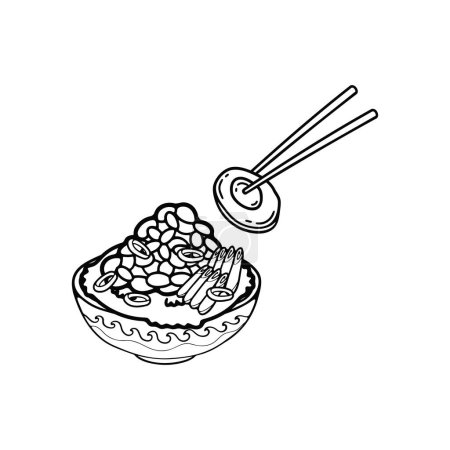 Ilustración de Negro y blanco aislar natto y arroz japonés comida plana estilo ilustraciones - Imagen libre de derechos