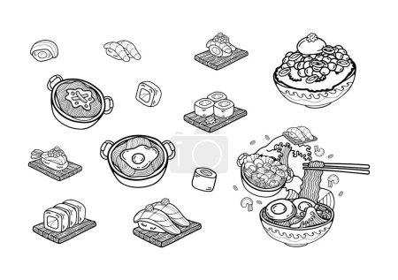 Illustration for Black and white japanese food set flat style illustrations - Royalty Free Image