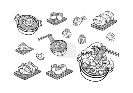 Ilustración de Comida japonesa en blanco y negro set ilustraciones de estilo plano - Imagen libre de derechos