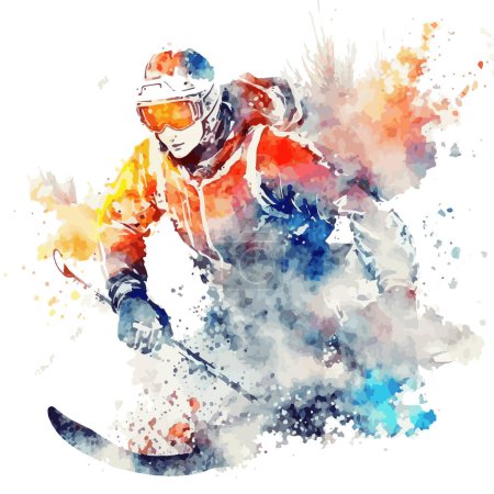 Téléchargez les illustrations : Illustration cartoon d'un homme aquarelle abstrait skiant sur fond transparent - en licence libre de droit