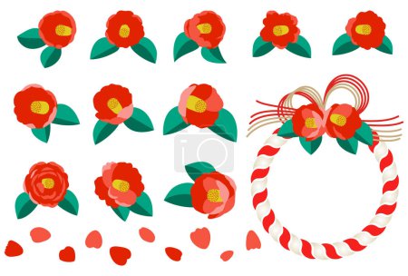 This is a color illustration of red camellia flowers and decorating shrines with shimenawa ropes for New year.An illustration of Japanese New Year's decorations using red camellias.