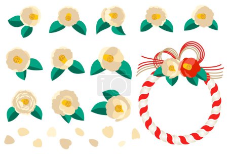  Eine farbige Illustration weißer Kamelien und das Dekorieren von Schreinen mit Seilen für Neujahr. Dies ist eine Illustration der japanischen Neujahrsdekorationen.