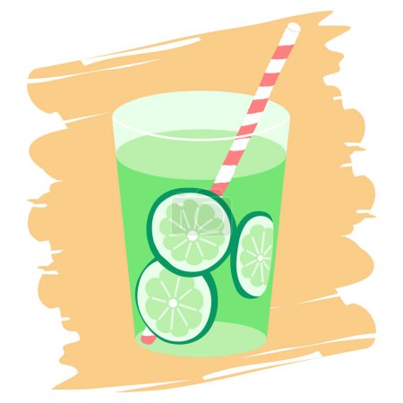 A color illustration of juice containing fruit slices.It is an icon of an illustration of a glass with a straw and fresh juice.