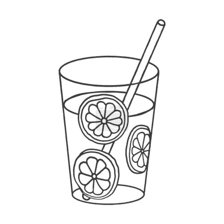 A line drawing of juice with fruit slices in it.It is an icon of an illustration of a glass with a straw and fresh juice.
