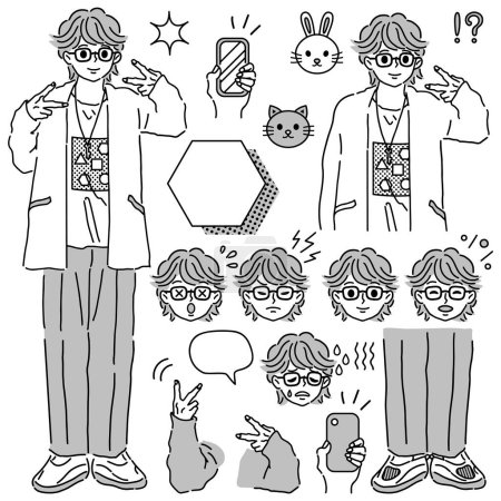 A variation of a young man making a peace sign and the material.  There are variations of the face of a man wearing glasses with various expressions.