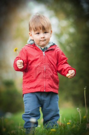 Téléchargez les photos : Mignon petit garçon, orné d'une veste rouge vif, découvre l'enchantement de la nature comme il berce affectueusement une fleur délicate - en image libre de droit