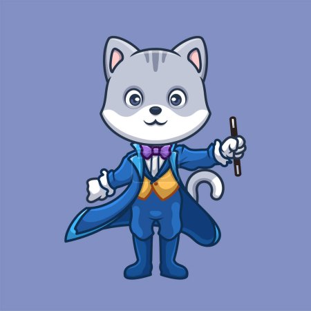 Magician Grey Cat Cartoon Cute Illustration