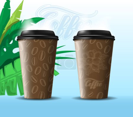 Two disposable coffee cups with a texture suggestion on them. On an exotic blue background.