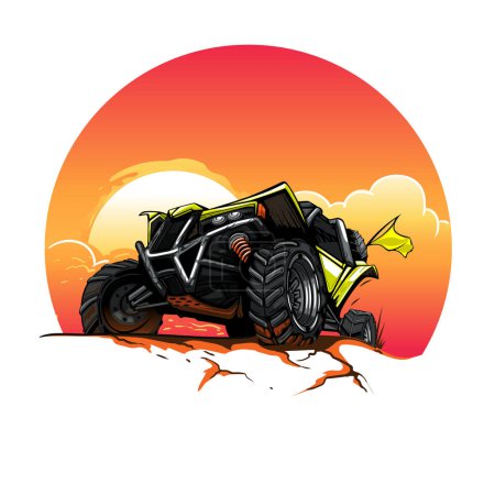 Illustration for Off-road ATV buggy overcomes obstacles against the background of a sunset - Royalty Free Image