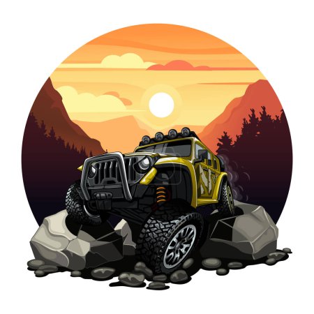 Téléchargez les illustrations : 4x4 SUV en montagne surmonte les obstacles - en licence libre de droit