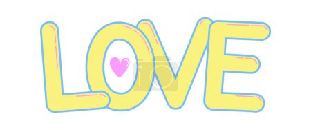 Illustration for Yellow love word with blue stroke and pink heart. - Royalty Free Image