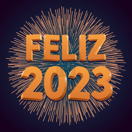 Happy 2023 in portugiesisch mit goldenem orangefarbenem 3D-Design mit Feuerwerk. Voll editierbar. Übersetzung - Happy 2023.
