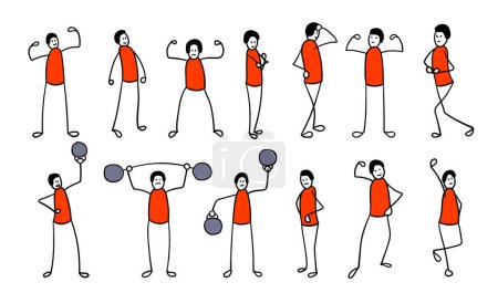 Illustration for Strong stick man. Man lifting dumbbells. Different poses set. - Royalty Free Image
