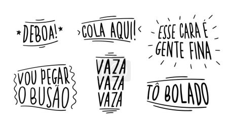 Illustration for Brazilian slang and jargon set. Translation - I am ok, Come here, This guy is fine, I'll take the bus, get out get out get out, I am suspicious. - Royalty Free Image