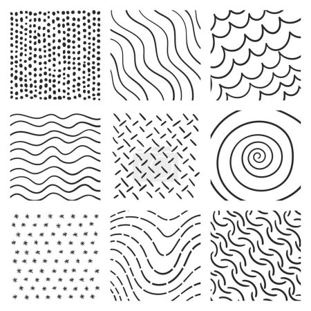 Illustration for Lines set in different styles and positions. Spiral, dots, fingerprint, asterisks, floor etc. - Royalty Free Image
