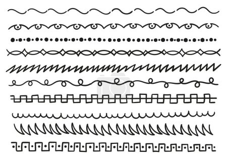 Ilustración de Set de una sola línea en diferentes estilos. Olas, columna vertebral, cuadrado, arabescos, etc.. - Imagen libre de derechos