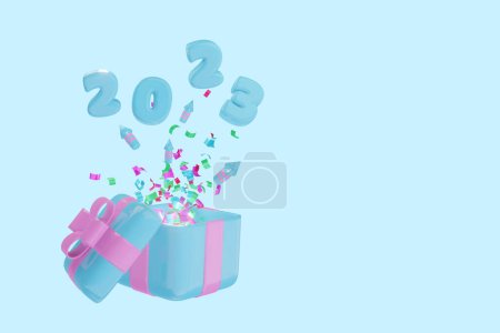 Foto de 3d render. Confetti y números 2023 vuelan de la caja azul - Imagen libre de derechos
