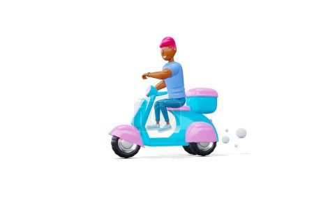 Foto de 3d render. Un hombre en una moto azul. estilo de dibujos animados - Imagen libre de derechos