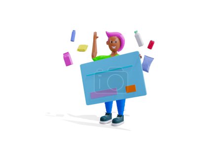 Foto de 3d render. Chica con una tarjeta de plástico. estilo de dibujos animados - Imagen libre de derechos