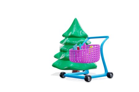 Téléchargez les photos : 3d rendu. Chariot avec produits et sapin de Noël. style dessin animé - en image libre de droit