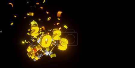 Foto de 3d render. Caja negra con cinta dorada. Volando confeti dorado y números 2023. fondo negro - Imagen libre de derechos