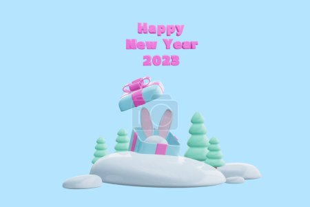 Foto de 3d render. Feliz año nuevo 2023. Orejas de conejo que sobresalen de la caja de regalo - Imagen libre de derechos