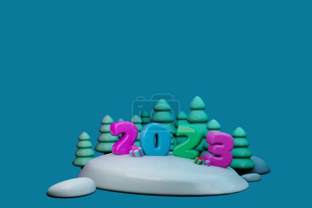 Foto de 3d render. Números de vacaciones multicolores 2023 sobre fondo de nieve - Imagen libre de derechos
