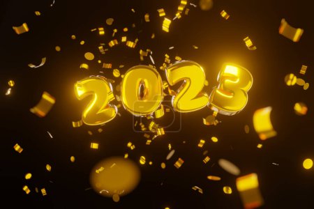 Foto de 3d render. Las felicitaciones de lujo de estilo por el nuevo año. Números de oro 2023 vuelan con confeti sobre un fondo negro - Imagen libre de derechos